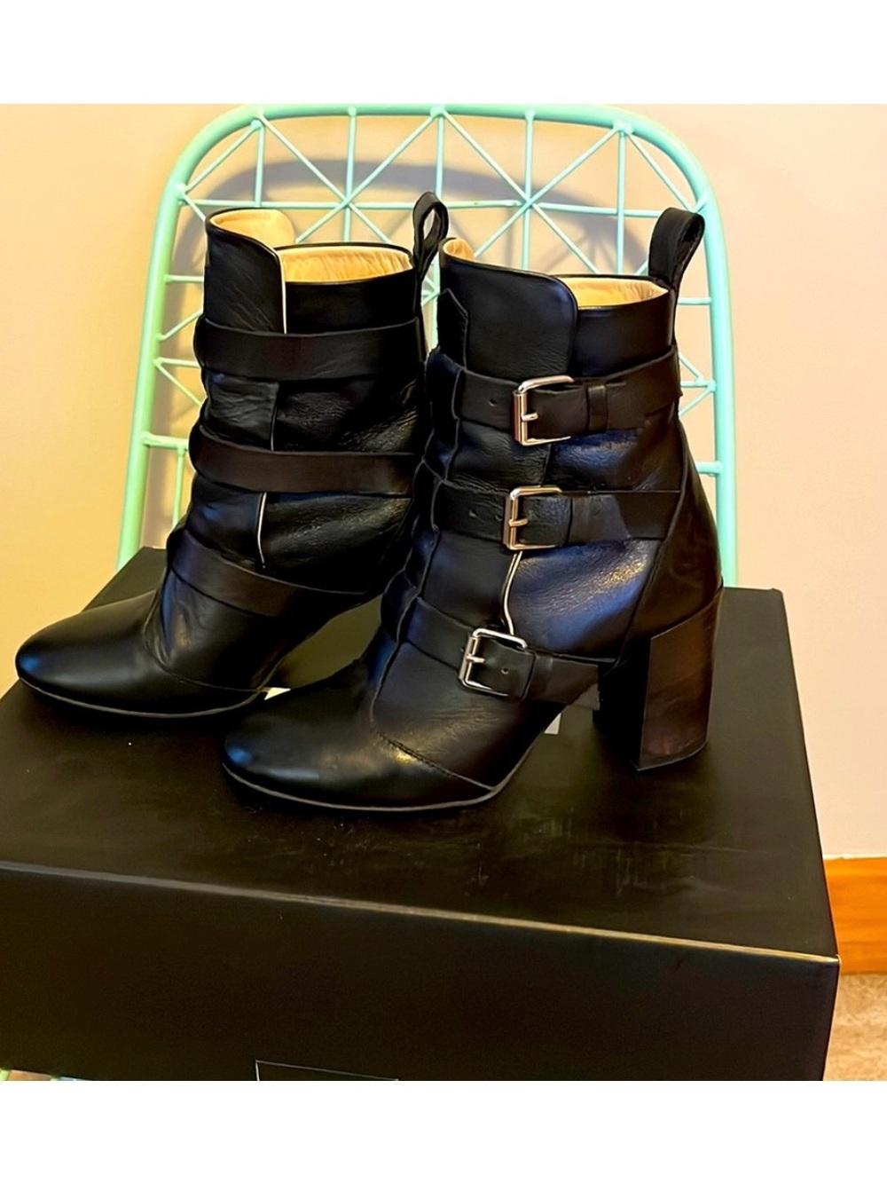 Diesel Black Leather Buckle Block-Heel Ankle Boots